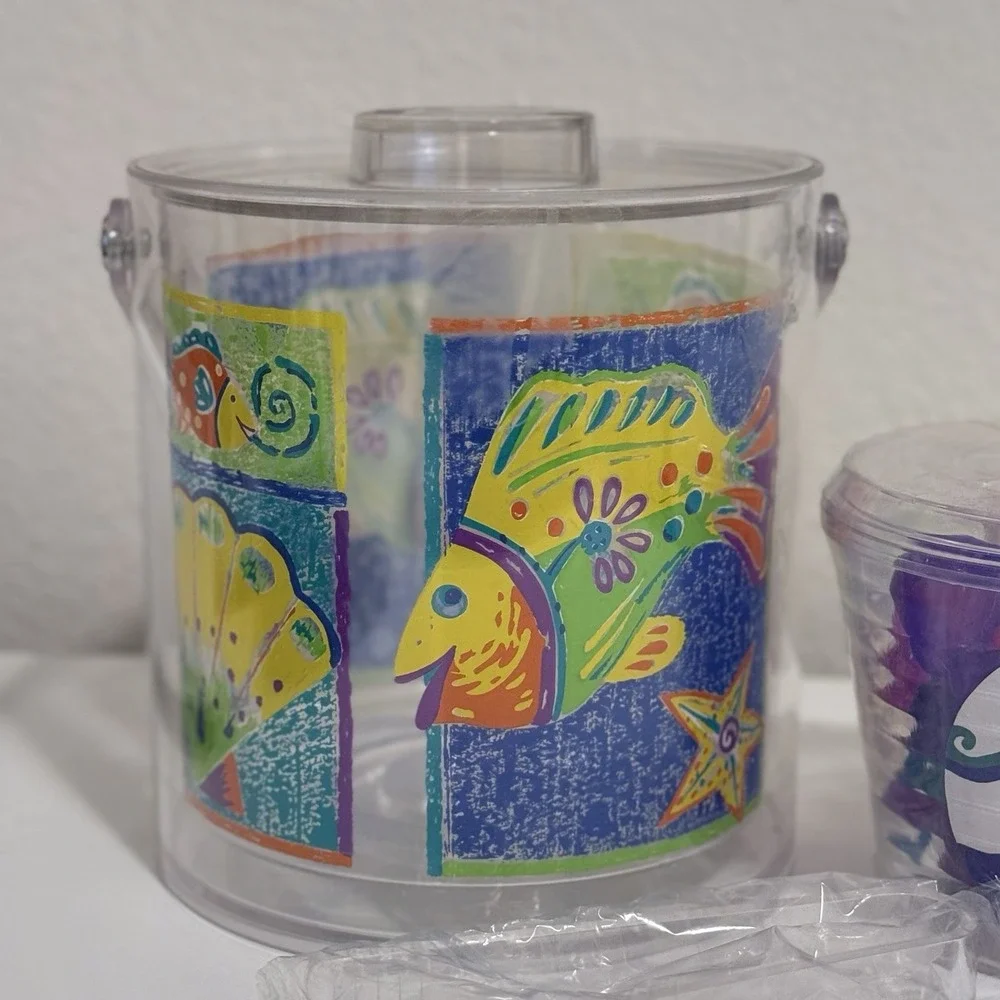 Vintage Fish 80s 90s Acrylic Ice Bucket Tongs & BONUS Cool Fish Ice Balls Sealed